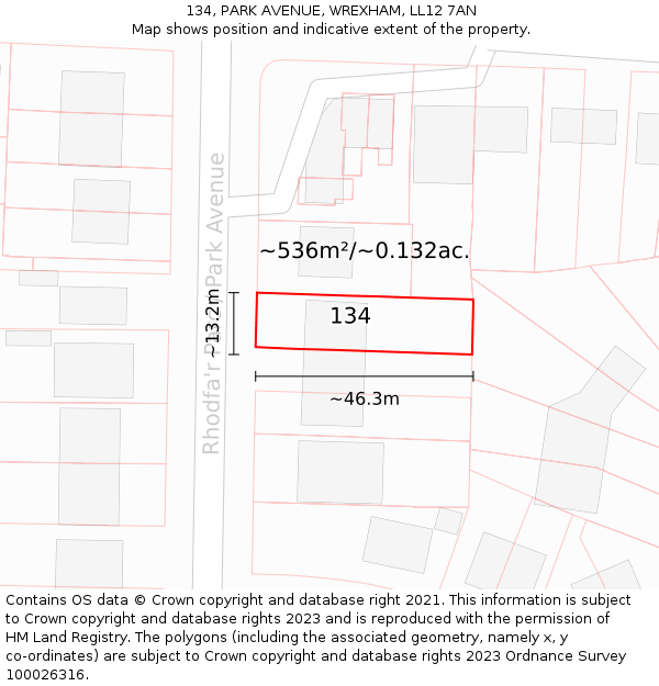 134, PARK AVENUE, WREXHAM, LL12 7AN: Plot and title map