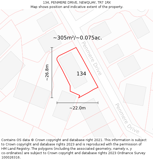 134, PENMERE DRIVE, NEWQUAY, TR7 1RX: Plot and title map