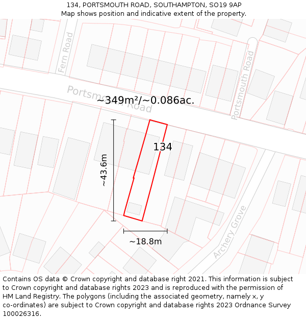 134, PORTSMOUTH ROAD, SOUTHAMPTON, SO19 9AP: Plot and title map