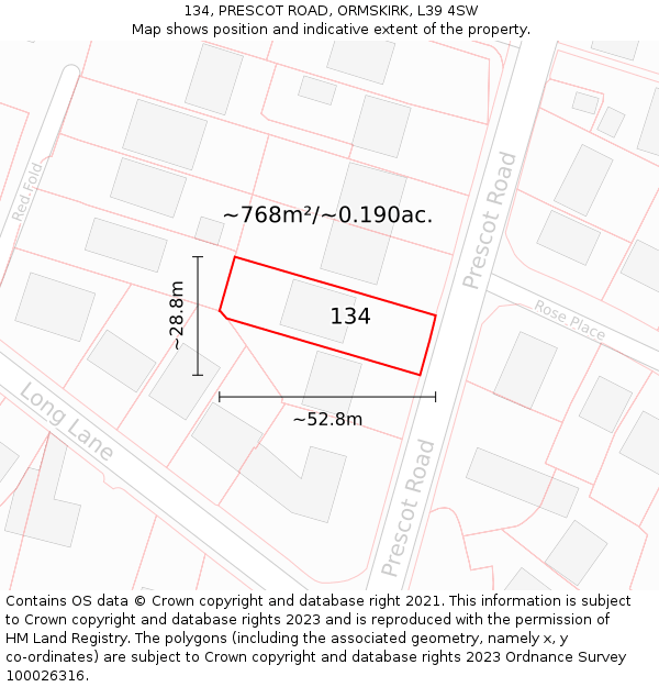 134, PRESCOT ROAD, ORMSKIRK, L39 4SW: Plot and title map
