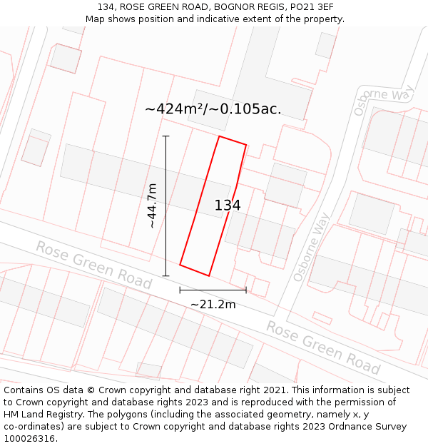 134, ROSE GREEN ROAD, BOGNOR REGIS, PO21 3EF: Plot and title map