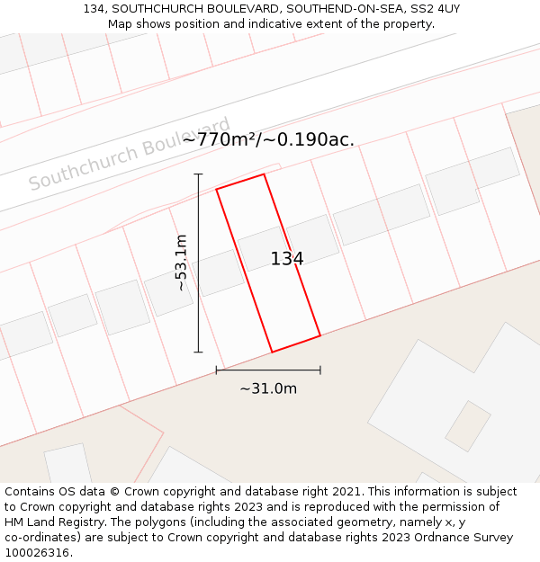 134, SOUTHCHURCH BOULEVARD, SOUTHEND-ON-SEA, SS2 4UY: Plot and title map