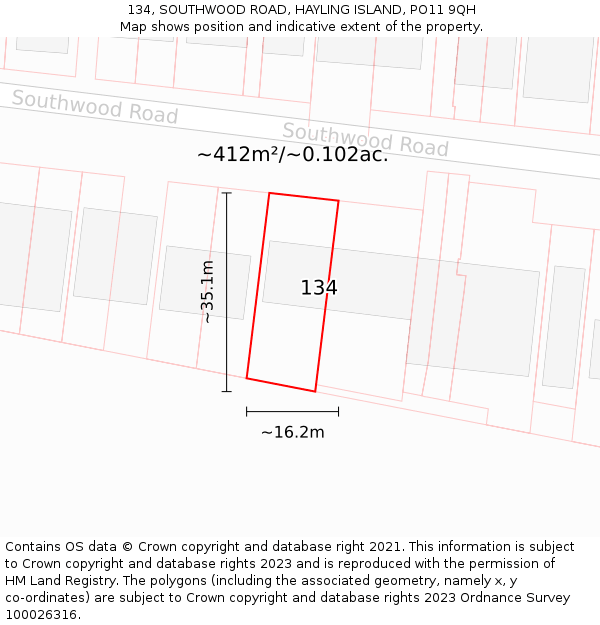 134, SOUTHWOOD ROAD, HAYLING ISLAND, PO11 9QH: Plot and title map