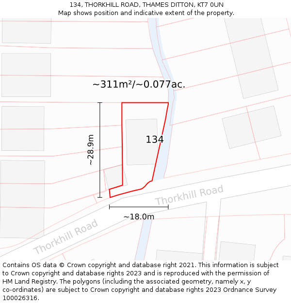 134, THORKHILL ROAD, THAMES DITTON, KT7 0UN: Plot and title map