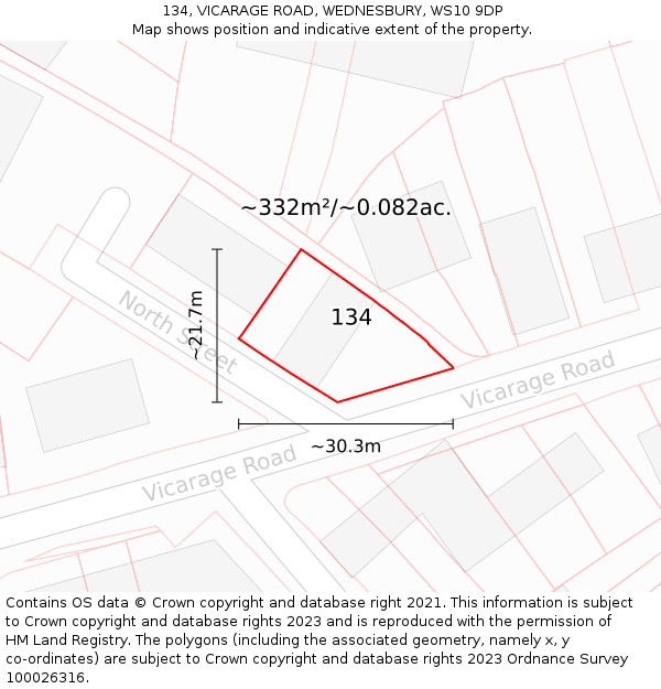 134, VICARAGE ROAD, WEDNESBURY, WS10 9DP: Plot and title map