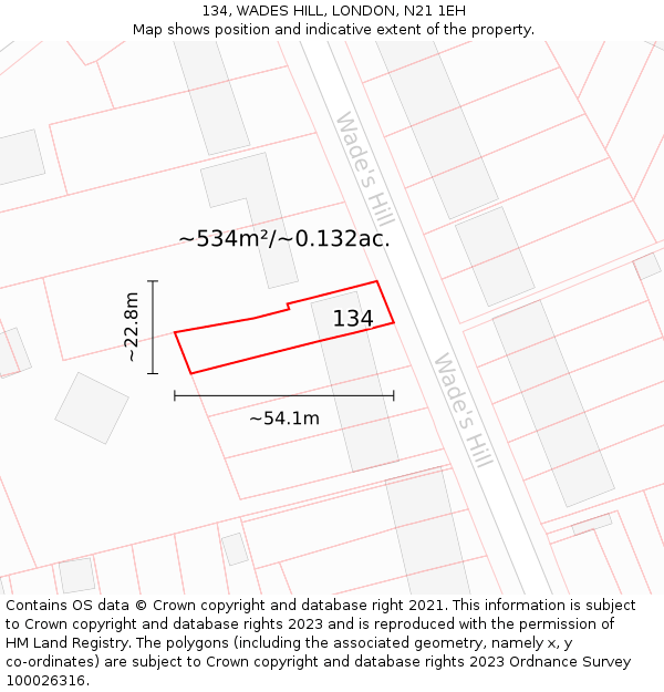 134, WADES HILL, LONDON, N21 1EH: Plot and title map