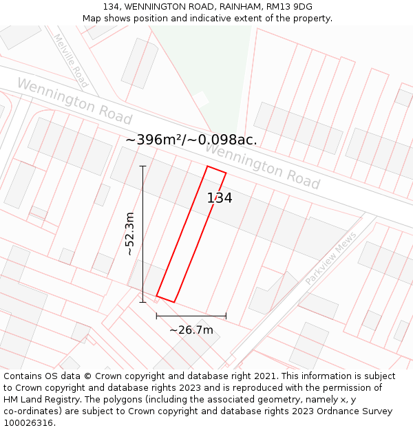 134, WENNINGTON ROAD, RAINHAM, RM13 9DG: Plot and title map