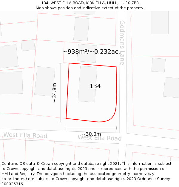 134, WEST ELLA ROAD, KIRK ELLA, HULL, HU10 7RR: Plot and title map