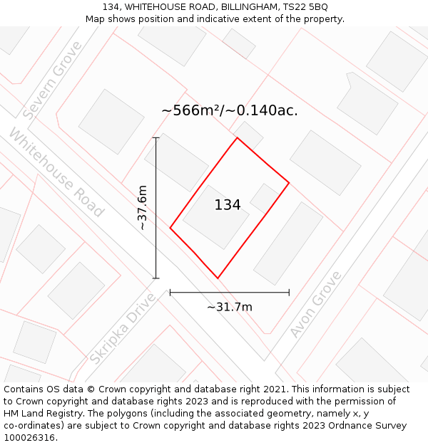 134, WHITEHOUSE ROAD, BILLINGHAM, TS22 5BQ: Plot and title map