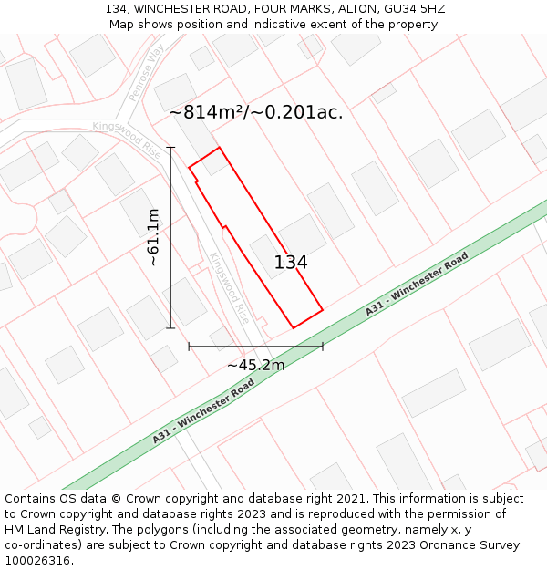 134, WINCHESTER ROAD, FOUR MARKS, ALTON, GU34 5HZ: Plot and title map