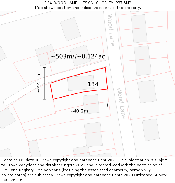 134, WOOD LANE, HESKIN, CHORLEY, PR7 5NP: Plot and title map