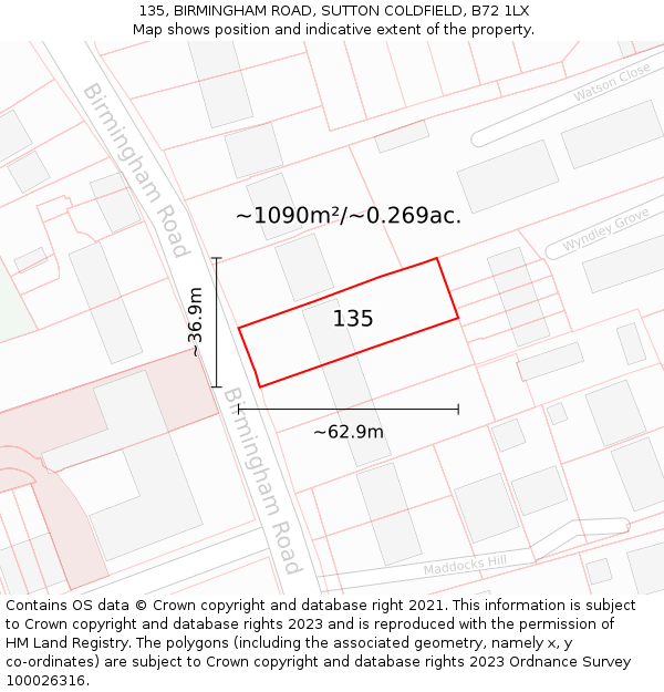 135, BIRMINGHAM ROAD, SUTTON COLDFIELD, B72 1LX: Plot and title map