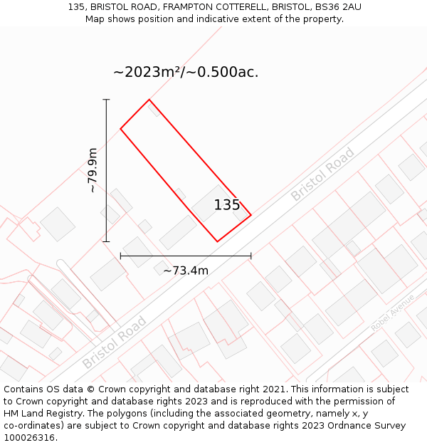 135, BRISTOL ROAD, FRAMPTON COTTERELL, BRISTOL, BS36 2AU: Plot and title map