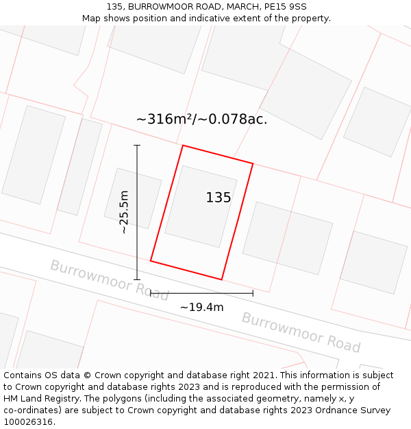 135, BURROWMOOR ROAD, MARCH, PE15 9SS: Plot and title map