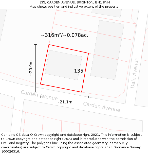 135, CARDEN AVENUE, BRIGHTON, BN1 8NH: Plot and title map