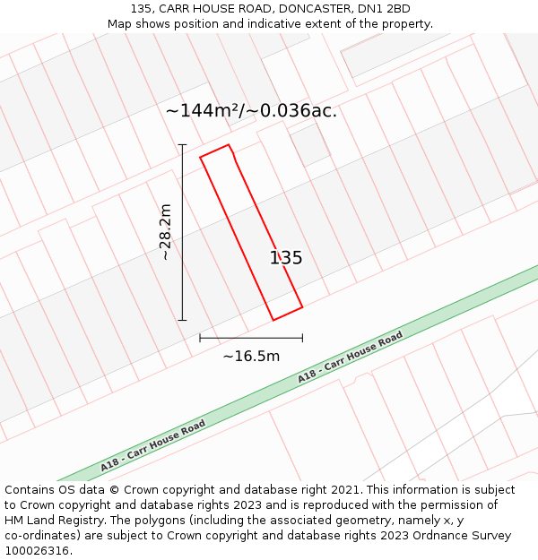 135, CARR HOUSE ROAD, DONCASTER, DN1 2BD: Plot and title map