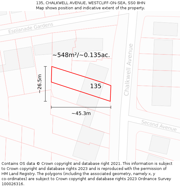 135, CHALKWELL AVENUE, WESTCLIFF-ON-SEA, SS0 8HN: Plot and title map