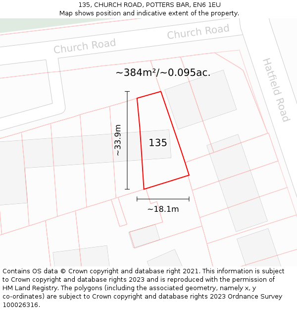 135, CHURCH ROAD, POTTERS BAR, EN6 1EU: Plot and title map