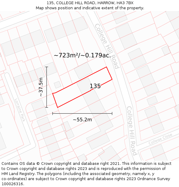 135, COLLEGE HILL ROAD, HARROW, HA3 7BX: Plot and title map