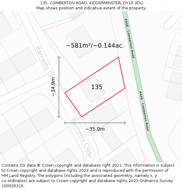 135, COMBERTON ROAD, KIDDERMINSTER, DY10 3DU: Plot and title map