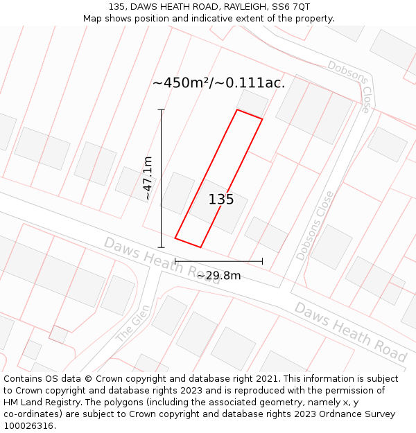 135, DAWS HEATH ROAD, RAYLEIGH, SS6 7QT: Plot and title map