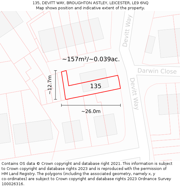 135, DEVITT WAY, BROUGHTON ASTLEY, LEICESTER, LE9 6NQ: Plot and title map