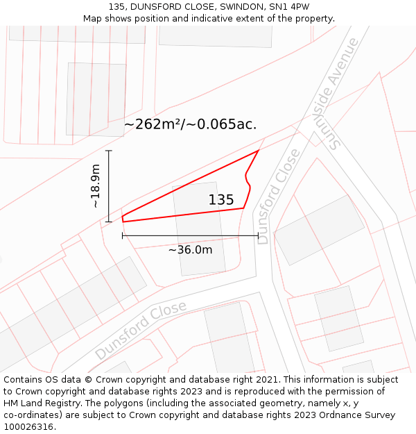 135, DUNSFORD CLOSE, SWINDON, SN1 4PW: Plot and title map