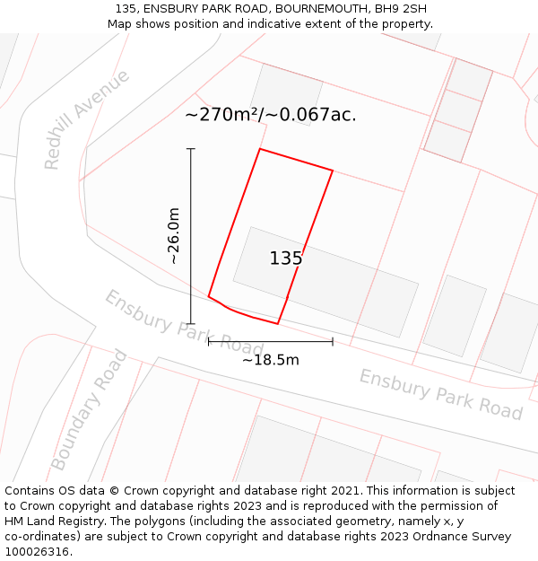 135, ENSBURY PARK ROAD, BOURNEMOUTH, BH9 2SH: Plot and title map