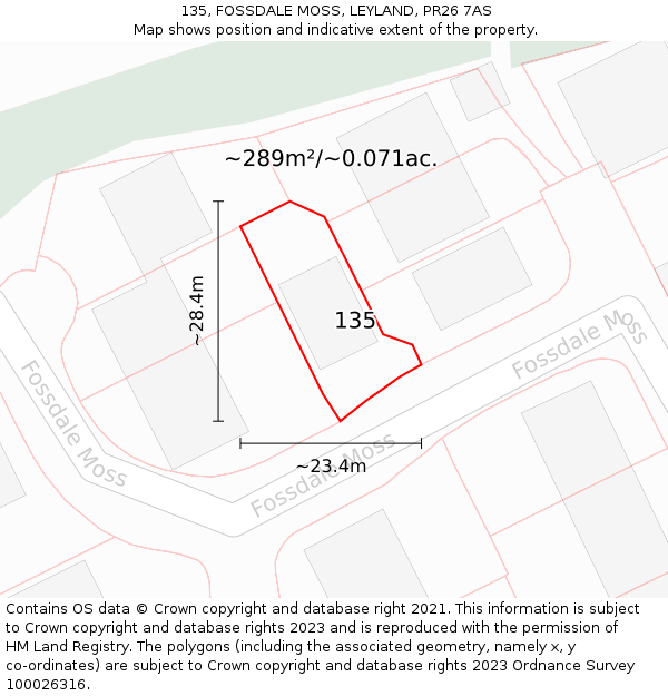 135, FOSSDALE MOSS, LEYLAND, PR26 7AS: Plot and title map