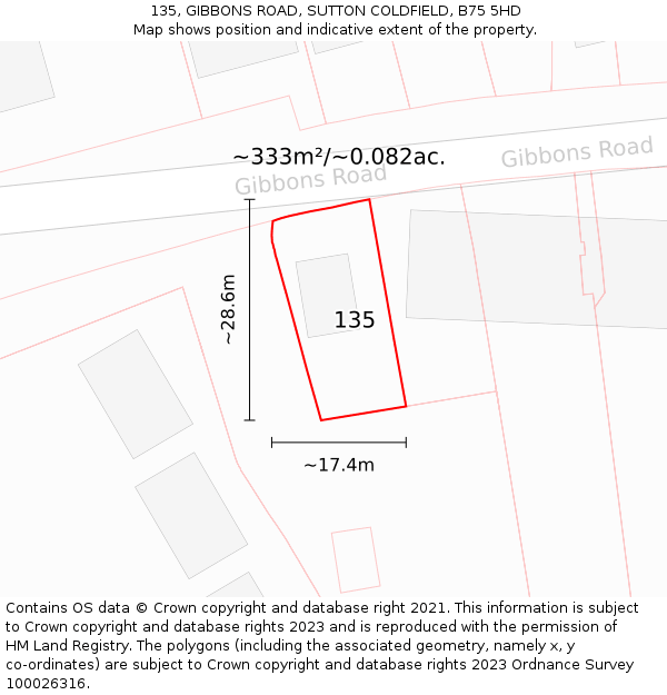 135, GIBBONS ROAD, SUTTON COLDFIELD, B75 5HD: Plot and title map