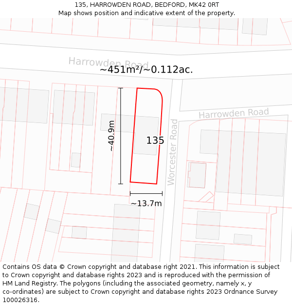 135, HARROWDEN ROAD, BEDFORD, MK42 0RT: Plot and title map