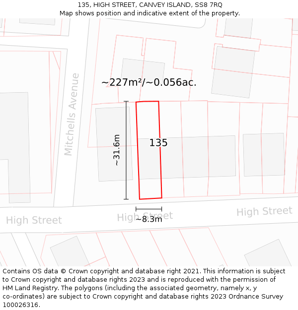 135, HIGH STREET, CANVEY ISLAND, SS8 7RQ: Plot and title map