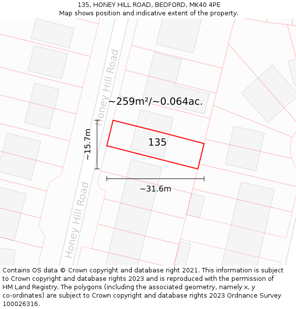 135, HONEY HILL ROAD, BEDFORD, MK40 4PE: Plot and title map