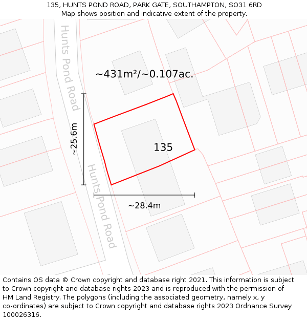 135, HUNTS POND ROAD, PARK GATE, SOUTHAMPTON, SO31 6RD: Plot and title map