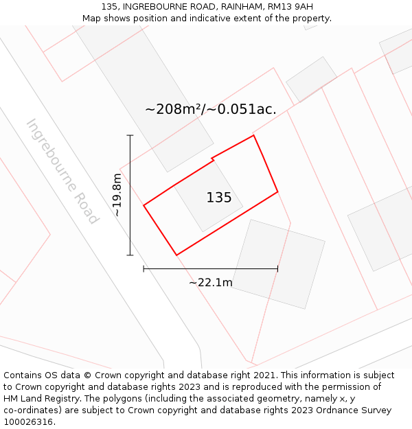 135, INGREBOURNE ROAD, RAINHAM, RM13 9AH: Plot and title map