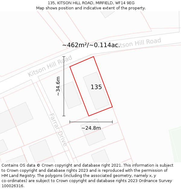 135, KITSON HILL ROAD, MIRFIELD, WF14 9EG: Plot and title map