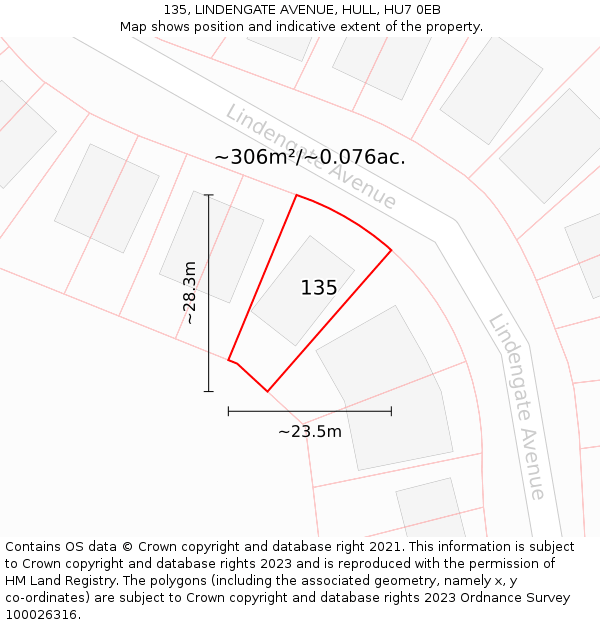 135, LINDENGATE AVENUE, HULL, HU7 0EB: Plot and title map