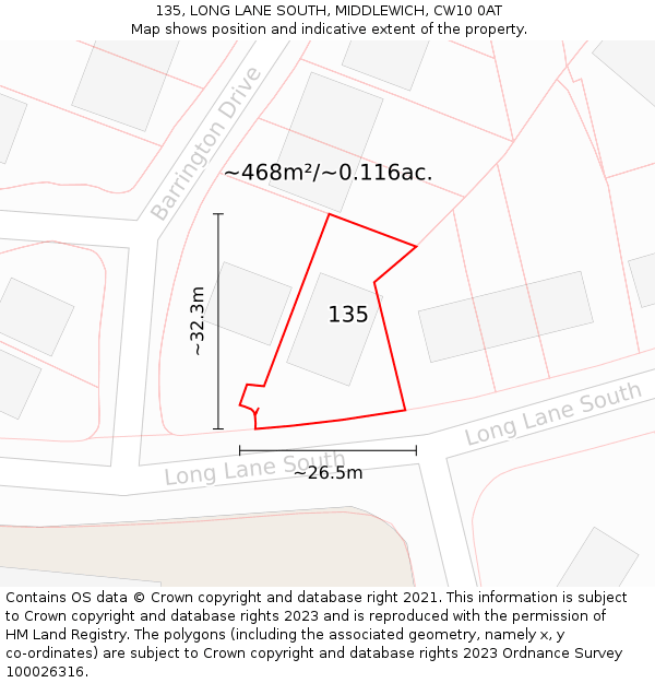 135, LONG LANE SOUTH, MIDDLEWICH, CW10 0AT: Plot and title map