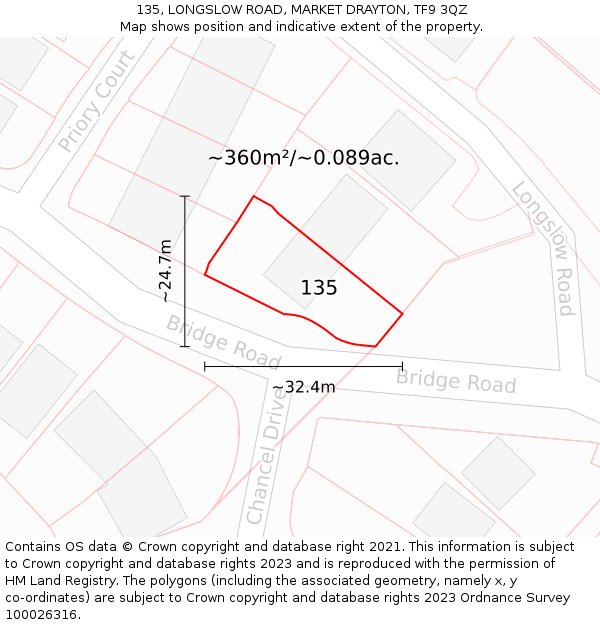 135, LONGSLOW ROAD, MARKET DRAYTON, TF9 3QZ: Plot and title map