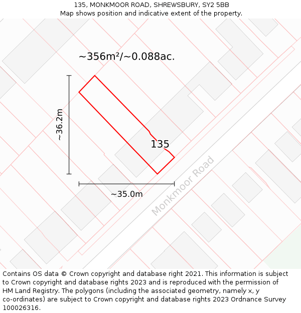 135, MONKMOOR ROAD, SHREWSBURY, SY2 5BB: Plot and title map