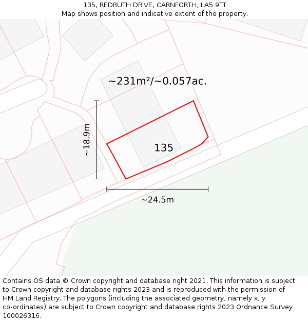 135, REDRUTH DRIVE, CARNFORTH, LA5 9TT: Plot and title map