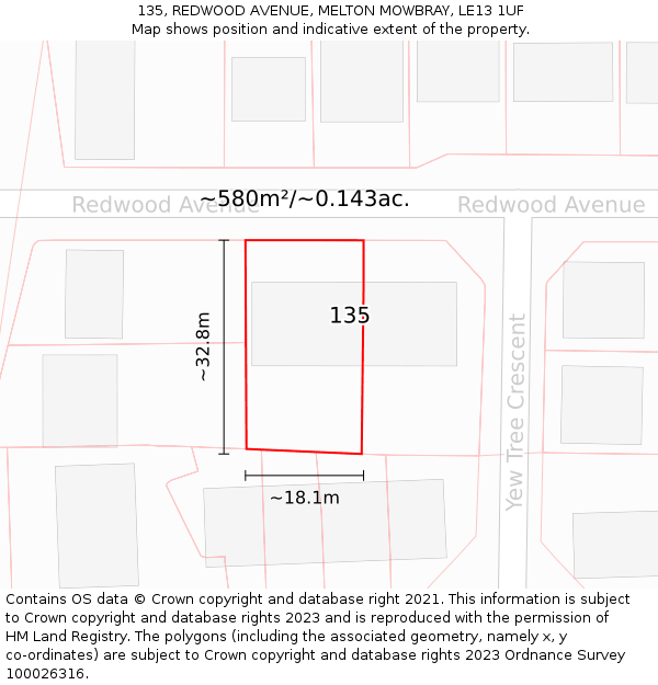 135, REDWOOD AVENUE, MELTON MOWBRAY, LE13 1UF: Plot and title map