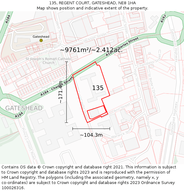 135, REGENT COURT, GATESHEAD, NE8 1HA: Plot and title map
