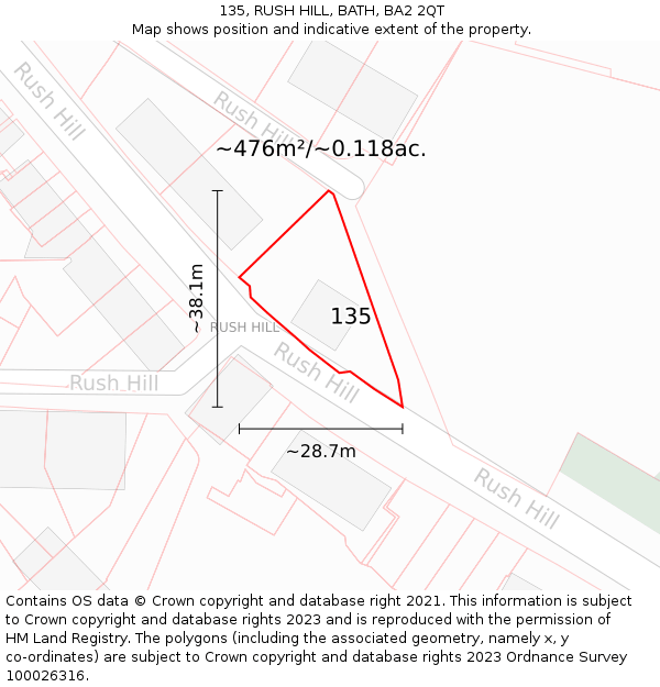 135, RUSH HILL, BATH, BA2 2QT: Plot and title map