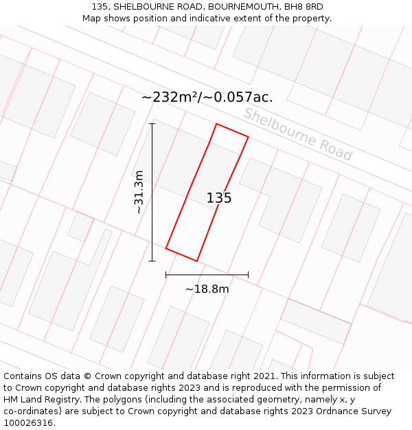 135, SHELBOURNE ROAD, BOURNEMOUTH, BH8 8RD: Plot and title map