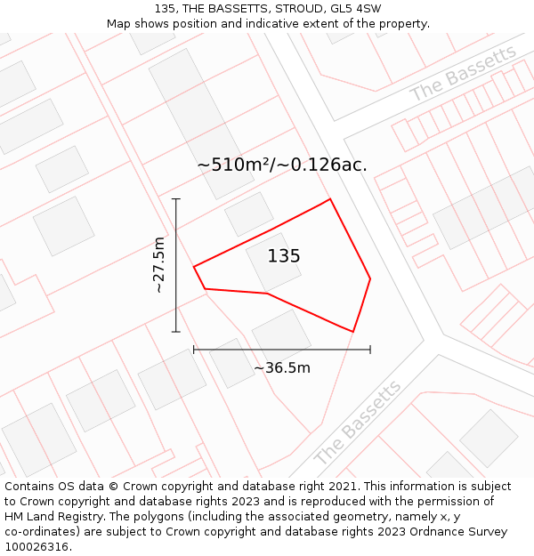 135, THE BASSETTS, STROUD, GL5 4SW: Plot and title map