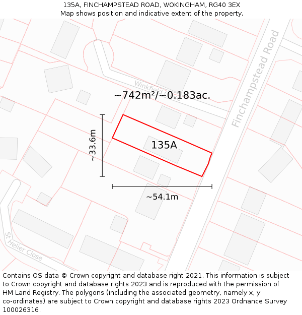 135A, FINCHAMPSTEAD ROAD, WOKINGHAM, RG40 3EX: Plot and title map