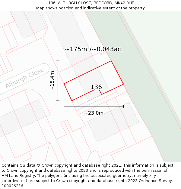 136, ALBURGH CLOSE, BEDFORD, MK42 0HF: Plot and title map