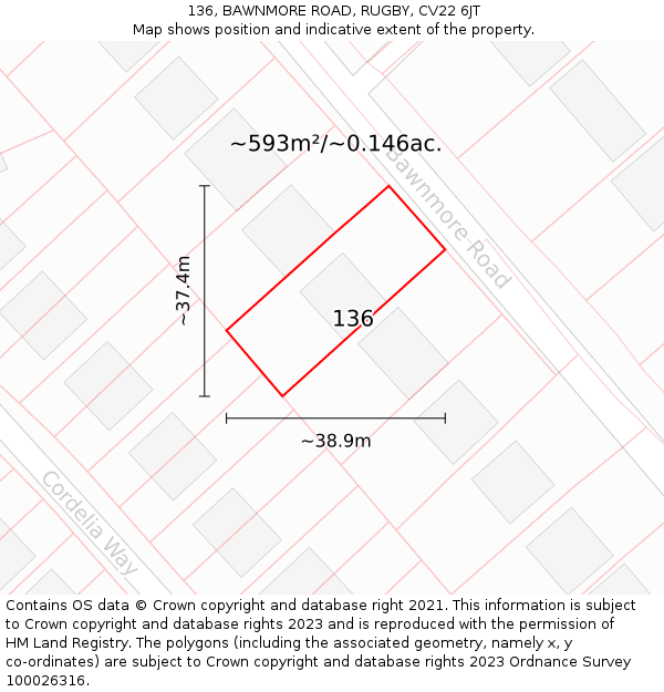 136, BAWNMORE ROAD, RUGBY, CV22 6JT: Plot and title map