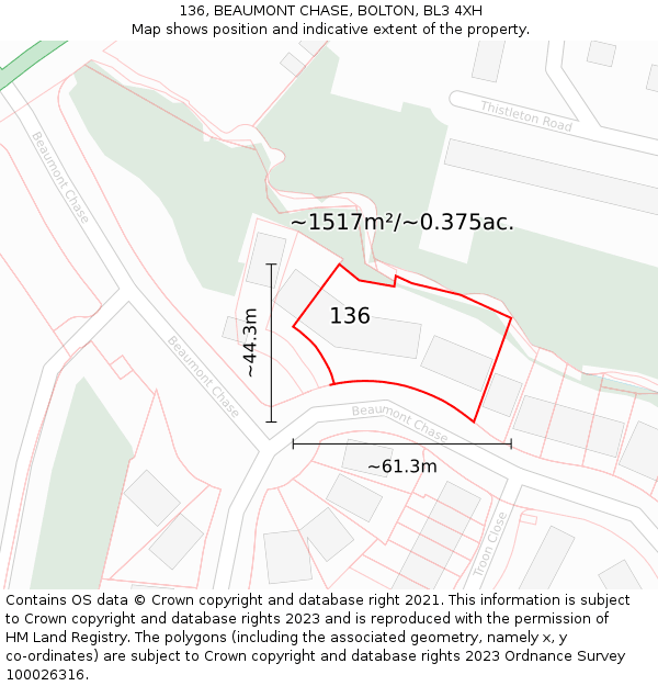 136, BEAUMONT CHASE, BOLTON, BL3 4XH: Plot and title map